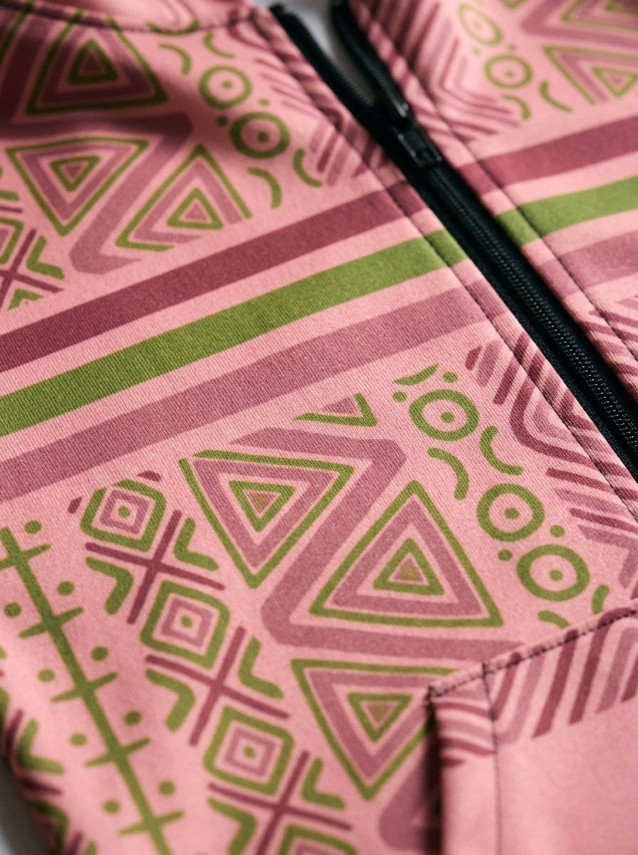Close-up of the N'Donso™ print on the SunBorn Zip Hoodie in Eze Pink: zipper, chest stripes, nested triangles and linked rings