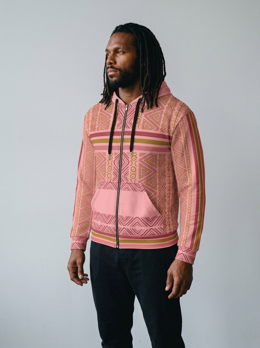 SunBorn N'Donso™ Zip Hoodie in Eze Pink, three-quarter left view on model showing the sleeve stripe