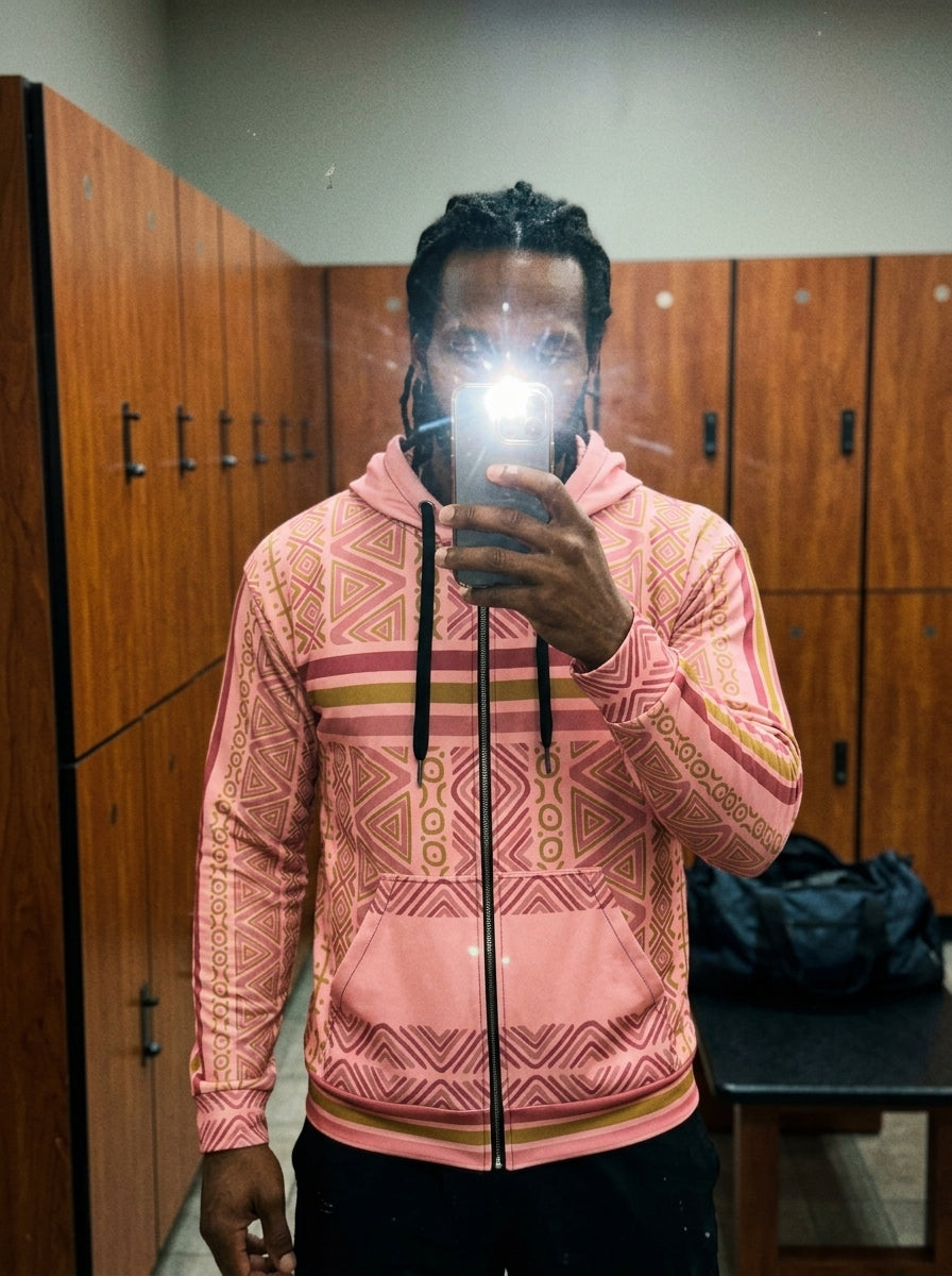 Locker-room mirror selfie in the SunBorn N'Donso™ Zip Hoodie in Eze Pink