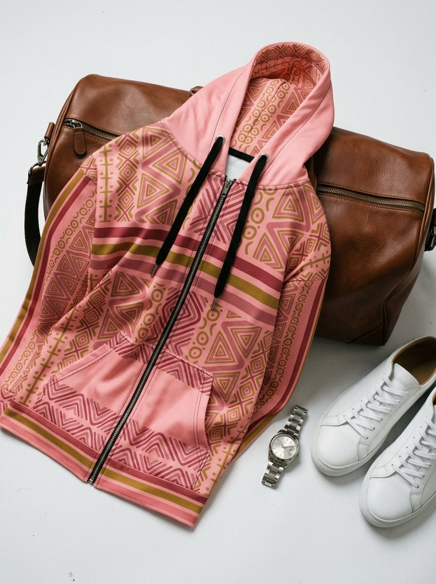 SunBorn N'Donso™ Zip Hoodie in Eze Pink laid on the floor with a leather duffel, a watch and white sneakers