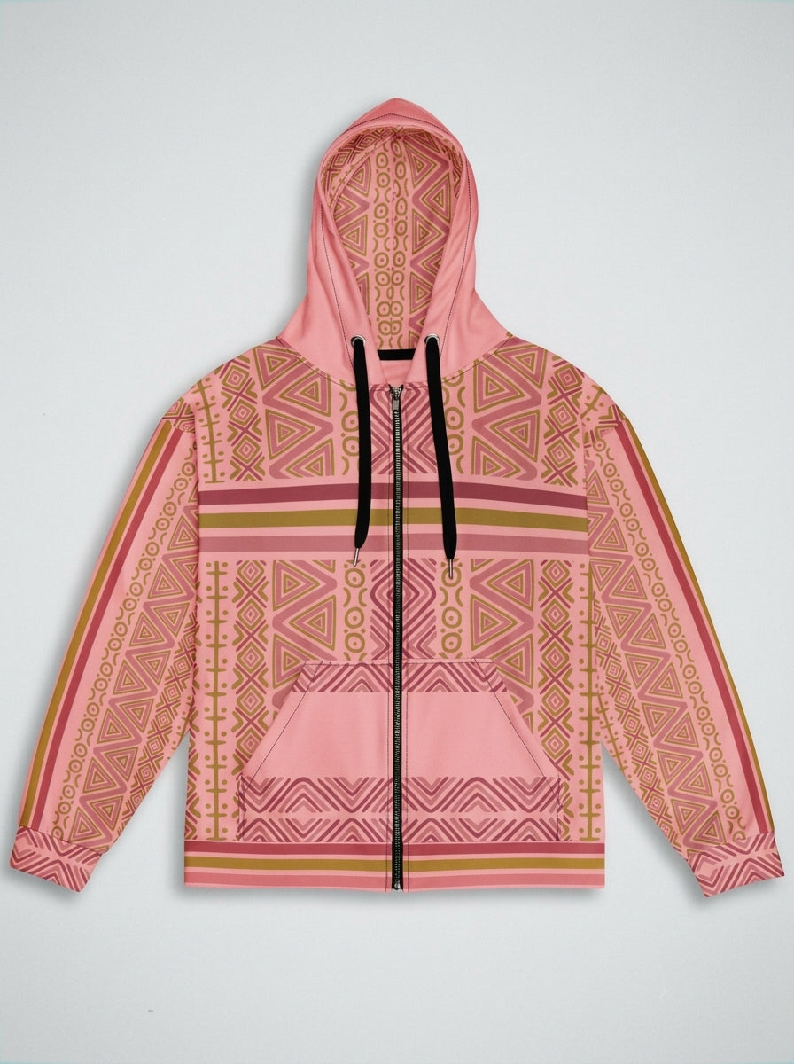SunBorn N'Donso™ Zip Hoodie in Eze Pink laid flat, hood up, showing the full front print