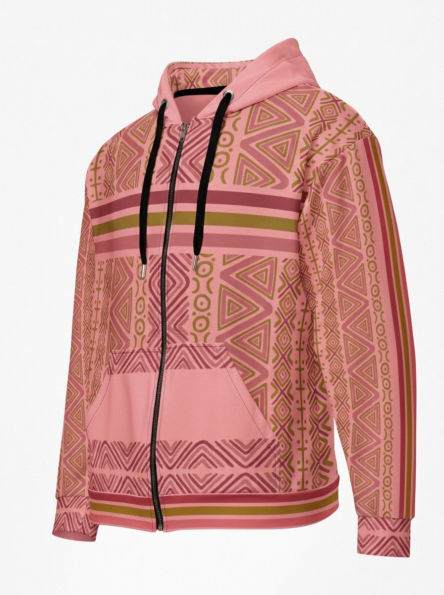 SunBorn N'Donso™ Zip Hoodie in Eze Pink on a ghost mannequin, three-quarter left view