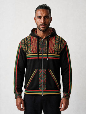 Man wearing the SunBorn N'Donso™ Zip Hoodie in Uhie Red, front view: black body, Hunter's Road print across the shoulders, printed hood lining, three-stripe chest band and a print strip between the pockets