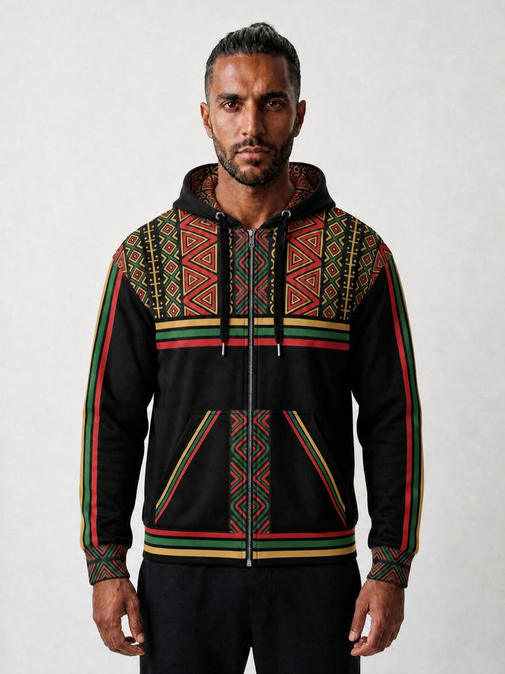 Man wearing the SunBorn N'Donso™ Zip Hoodie in Uhie Red, front view: black body, Hunter's Road print across the shoulders, printed hood lining, three-stripe chest band and a print strip between the pockets