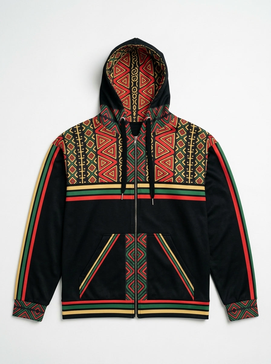 SunBorn N'Donso™ Zip Hoodie in Uhie Red laid flat: printed hood lining, N'Donso™ print yoke, striped chest band, sleeve stripes, printed cuffs and striped hem