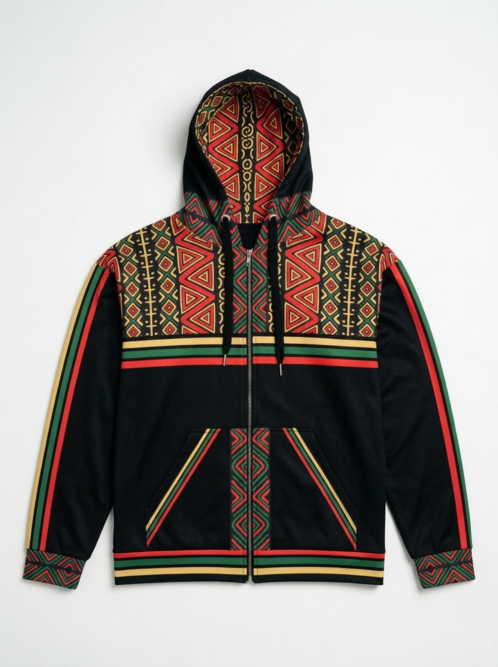 SunBorn N'Donso™ Zip Hoodie in Uhie Red laid flat: printed hood lining, N'Donso™ print yoke, striped chest band, sleeve stripes, printed cuffs and striped hem