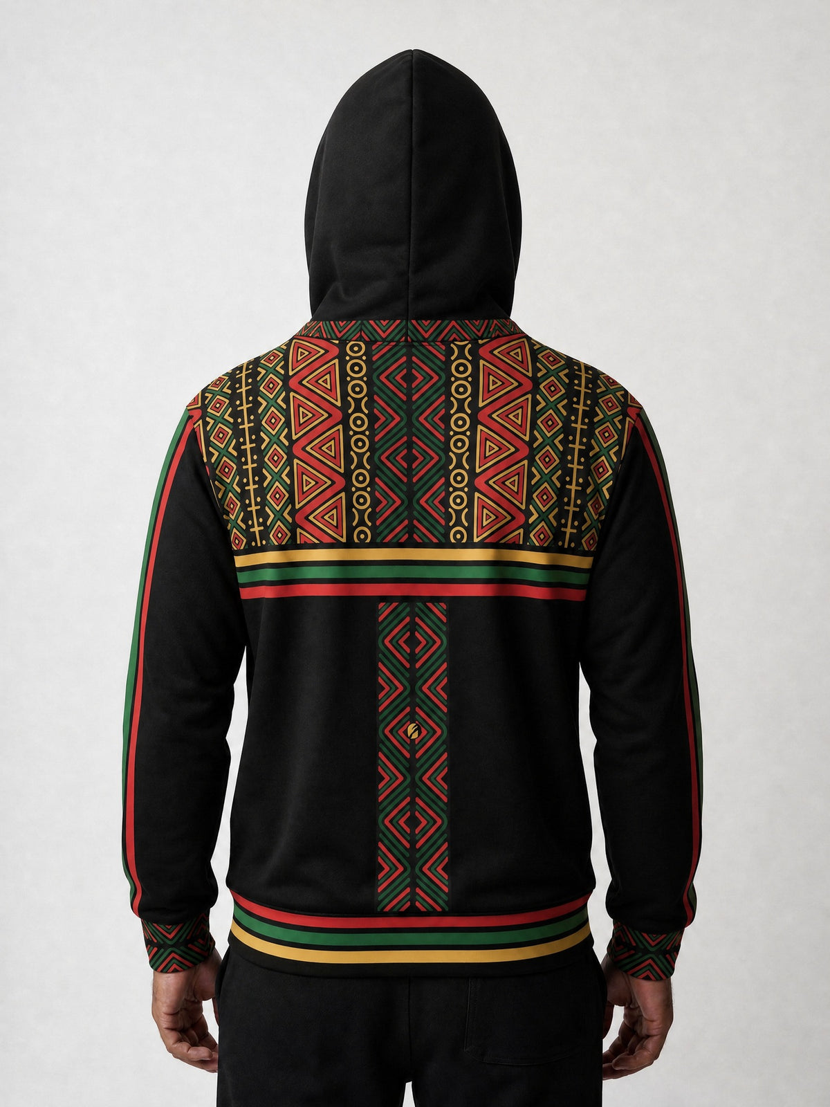Back view of the SunBorn N'Donso™ Zip Hoodie in Uhie Red with the hood up: plain black hood, print across the shoulders, three-stripe band and a print column down the spine with the SunBorn mark