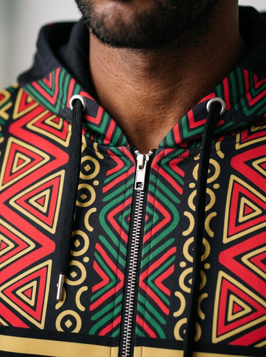 Close-up of the N'Donso™ print on the SunBorn Zip Hoodie in Uhie Red: metal zipper, drawstrings, zigzag columns, linked rings and nested triangles