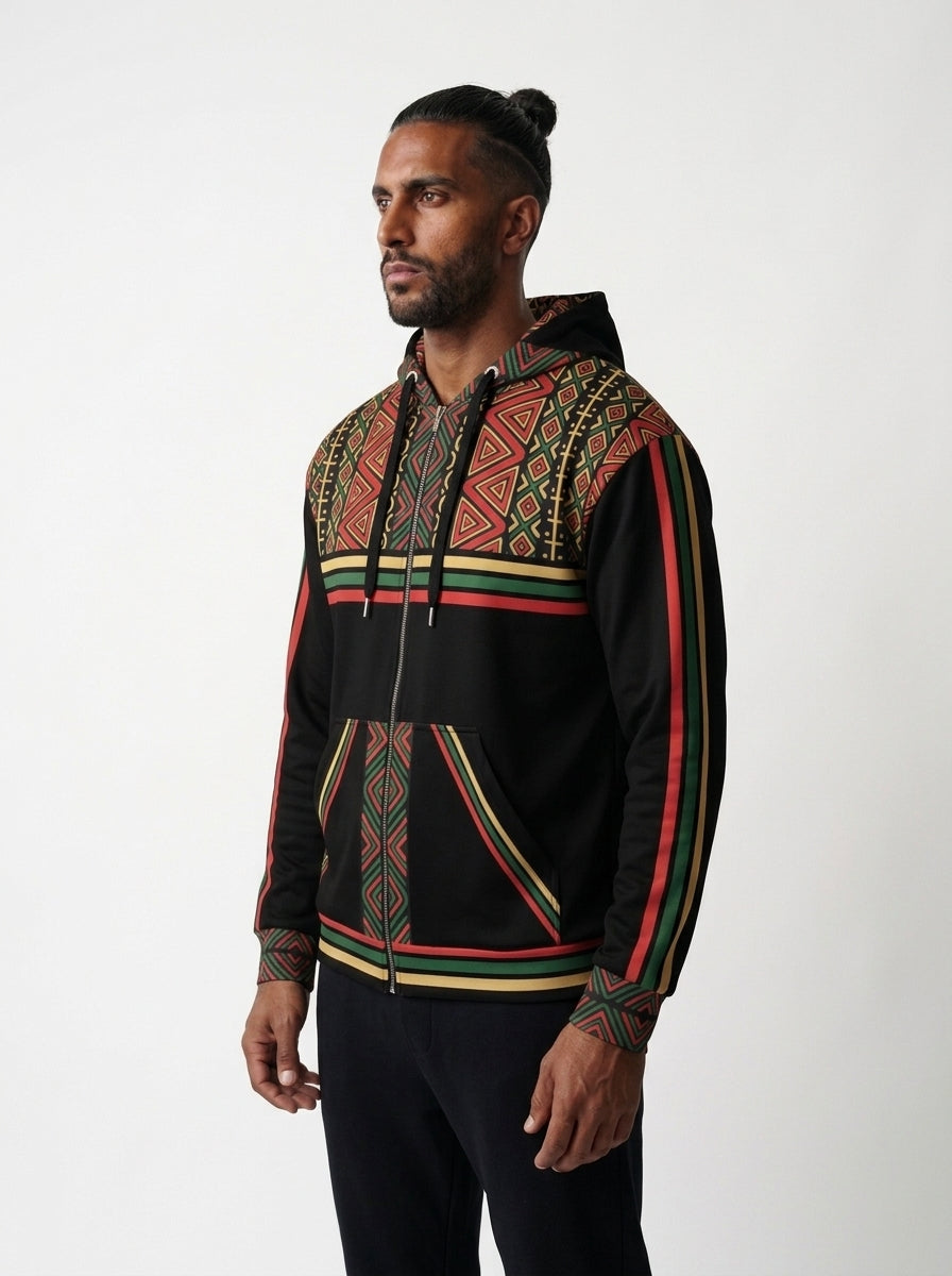 SunBorn N'Donso™ Zip Hoodie in Uhie Red, three-quarter left view on model showing the sleeve stripe and printed cuff