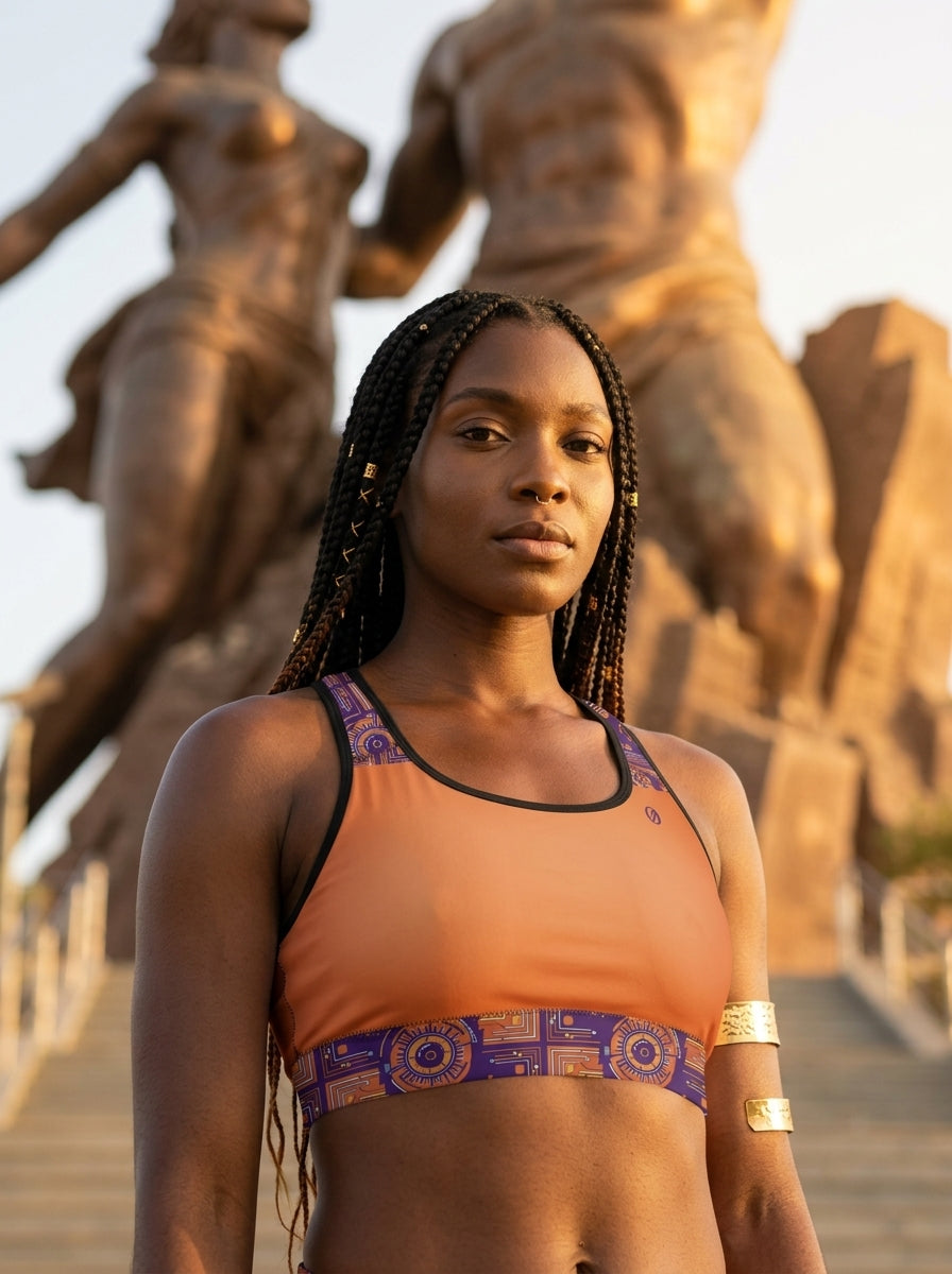 Sankofa Padded Sports Bra in the Sango Orange Kinetic Engine print, editorial golden hour portrait — SunBorn