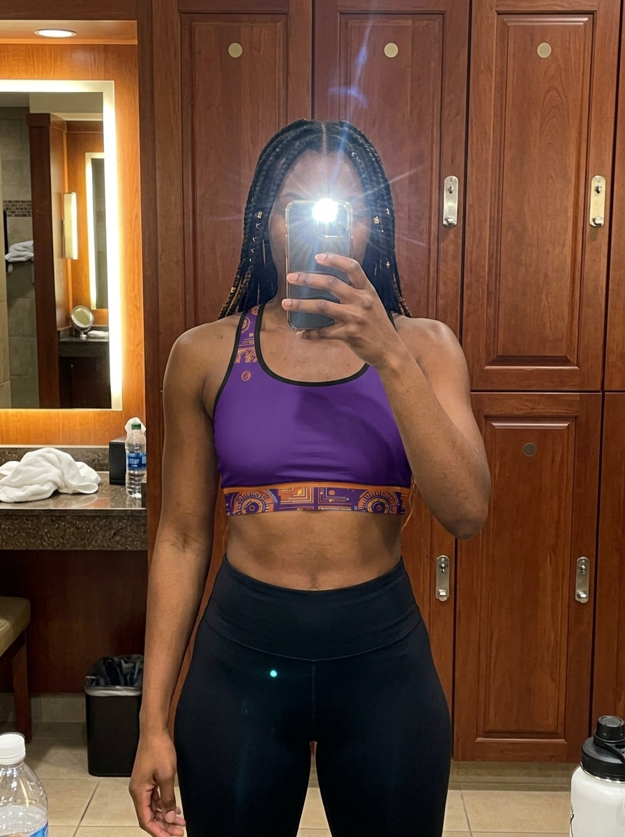 Sankofa Padded Sports Bra in the Kinetic Engine print, UGC mirror selfie in gym locker room — SunBorn