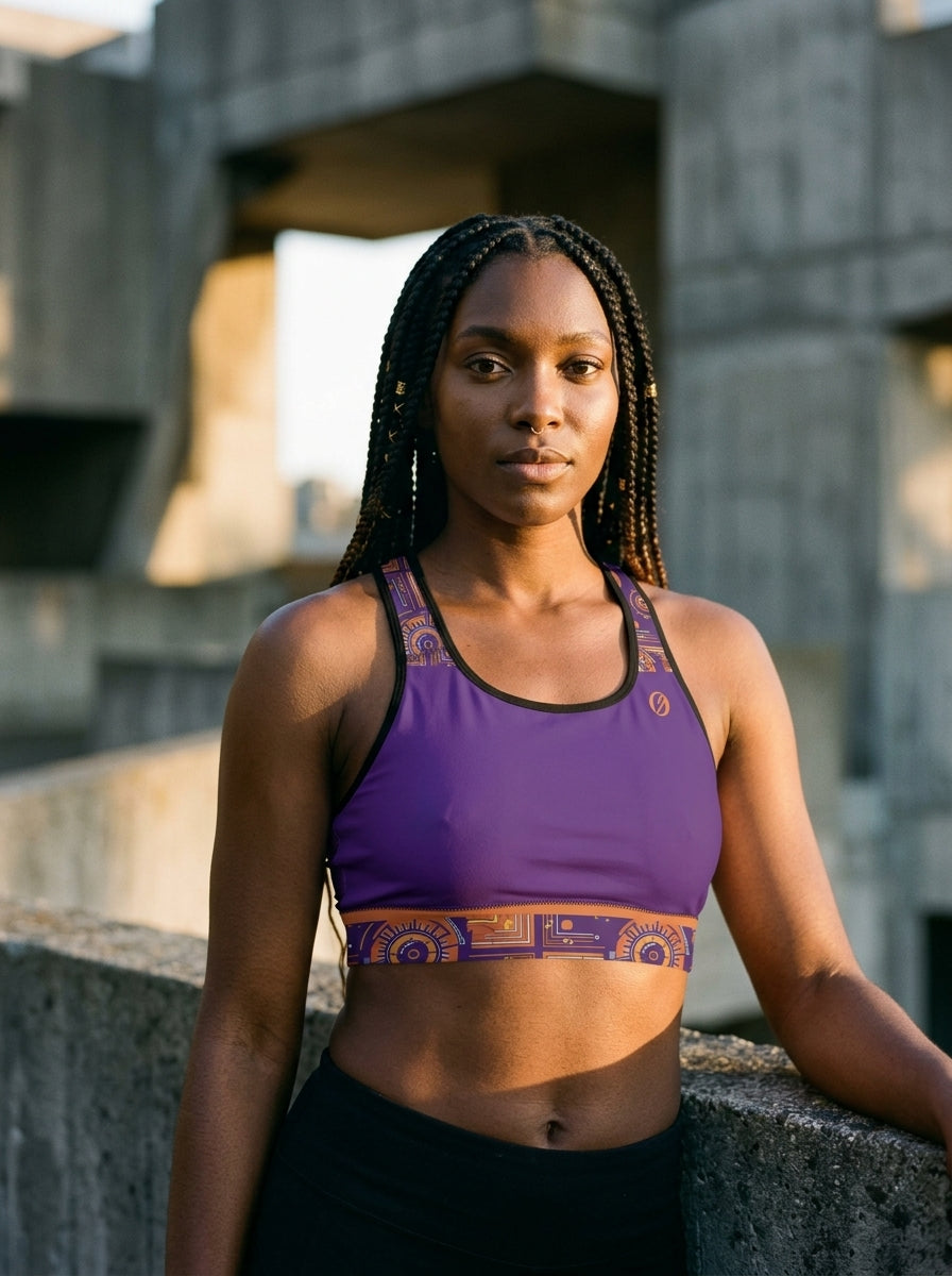 Sankofa Padded Sports Bra in the Kinetic Engine print, editorial golden hour portrait — SunBorn