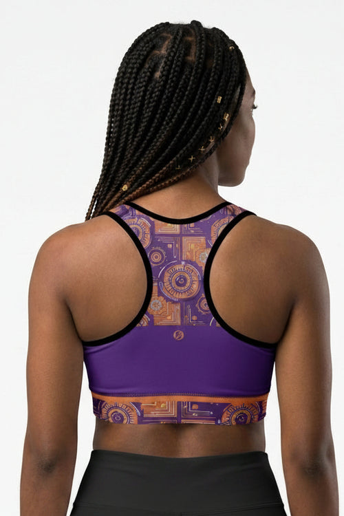 Sankofa Padded Sports Bra in the Kinetic Engine print, back view — SunBorn