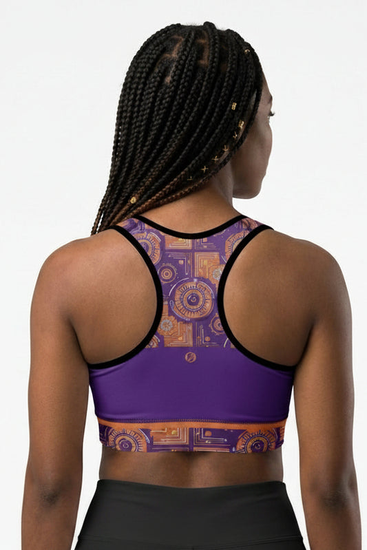 Sankofa Padded Sports Bra in the Kinetic Engine print, back view — SunBorn