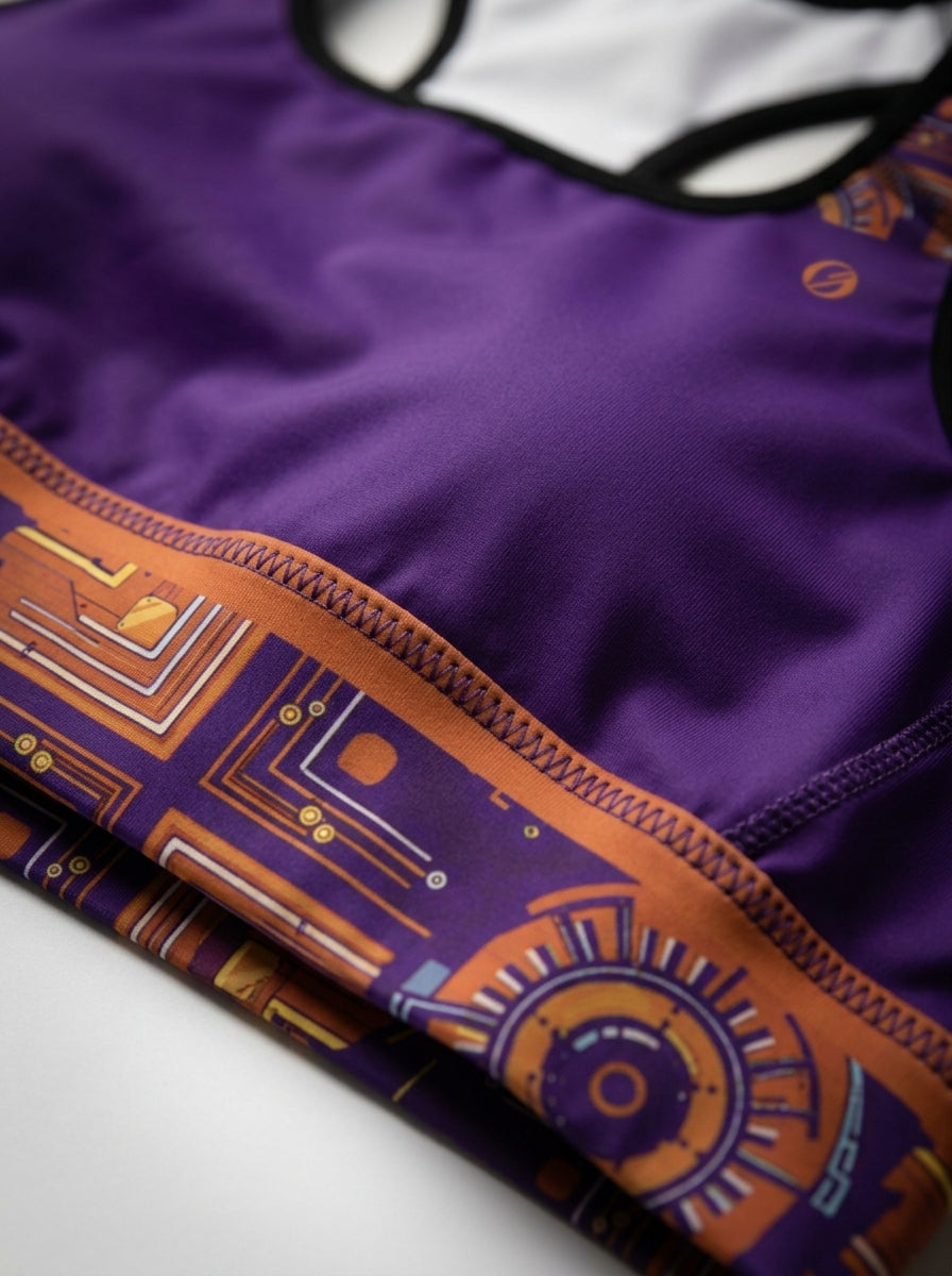 Close-up of the purple, burnt orange and cyan Kinetic Engine print and seam detail on the Sankofa Padded Sports Bra — SunBorn