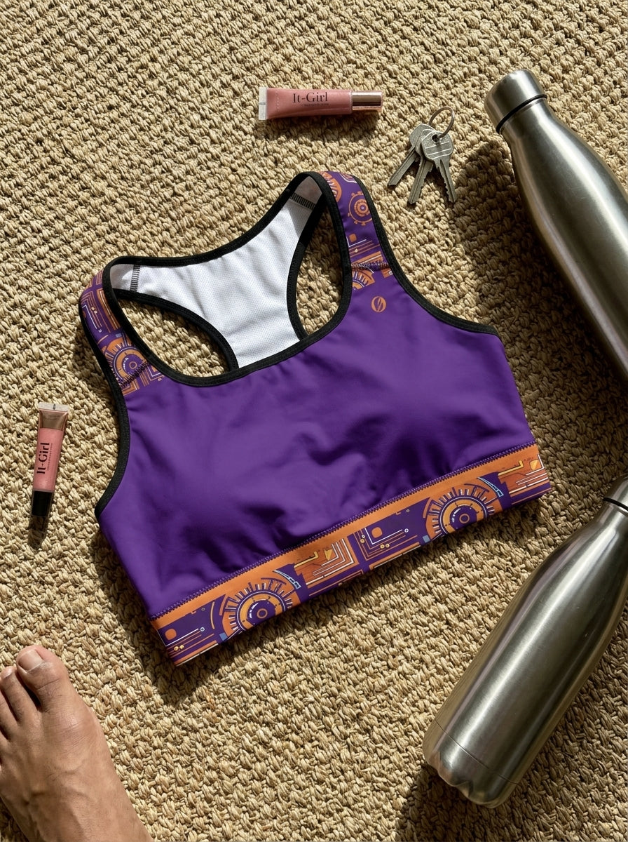Sankofa Padded Sports Bra in the Kinetic Engine print, flat lay with lifestyle accessories — SunBorn