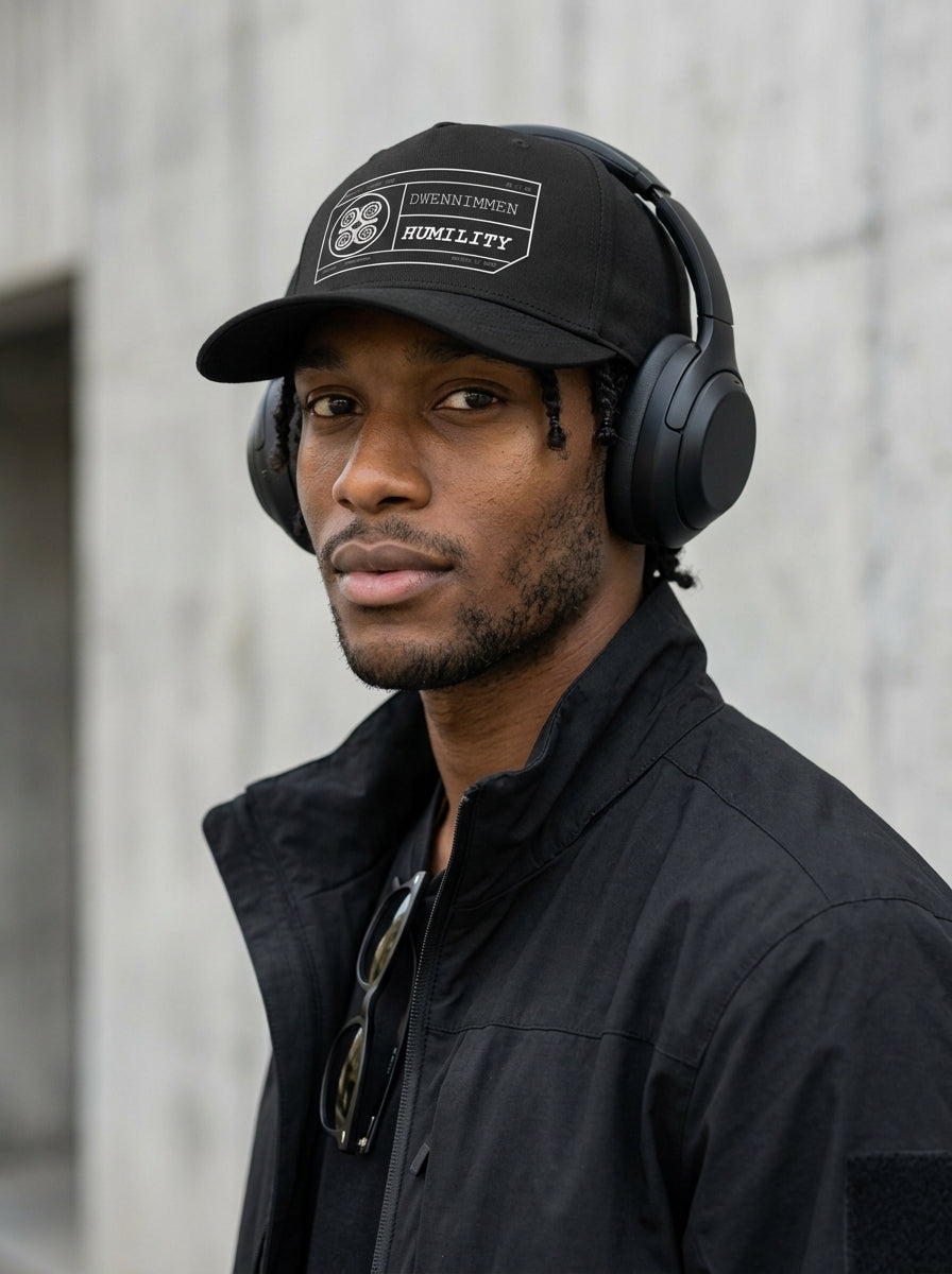 Adinkra // Humility Cap in Oji Black — styled with headphones and shades — SunBorn