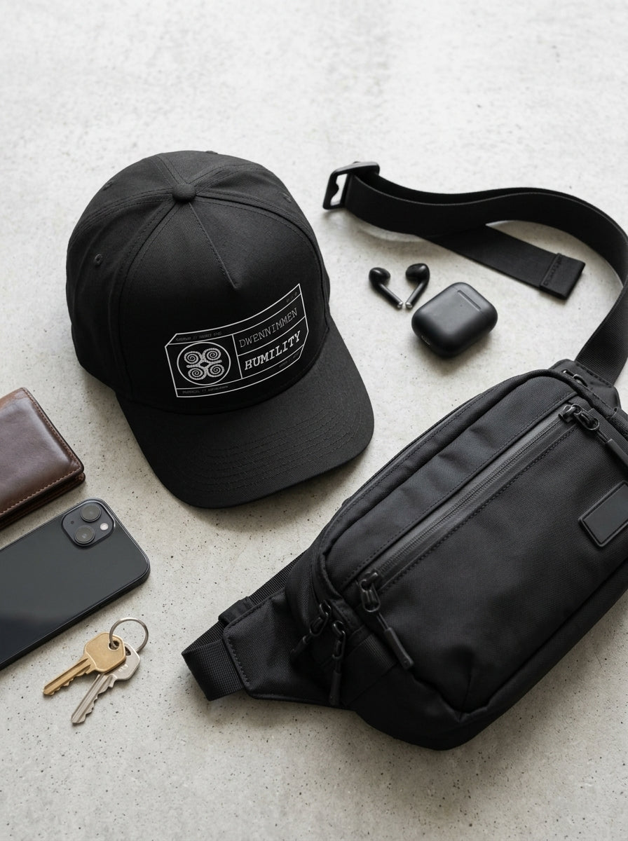 Adinkra // Humility Cap in Oji Black — styled with a bag — SunBorn