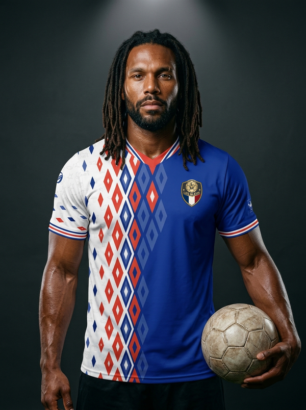 France '26 Hexagone Protocol Jersey — Les Bleus World Cup 2026 heritage kit, Bleu de France chassis with tricolore diamond cascade and 19-glyph multi-origin substrate field, by SunBorn