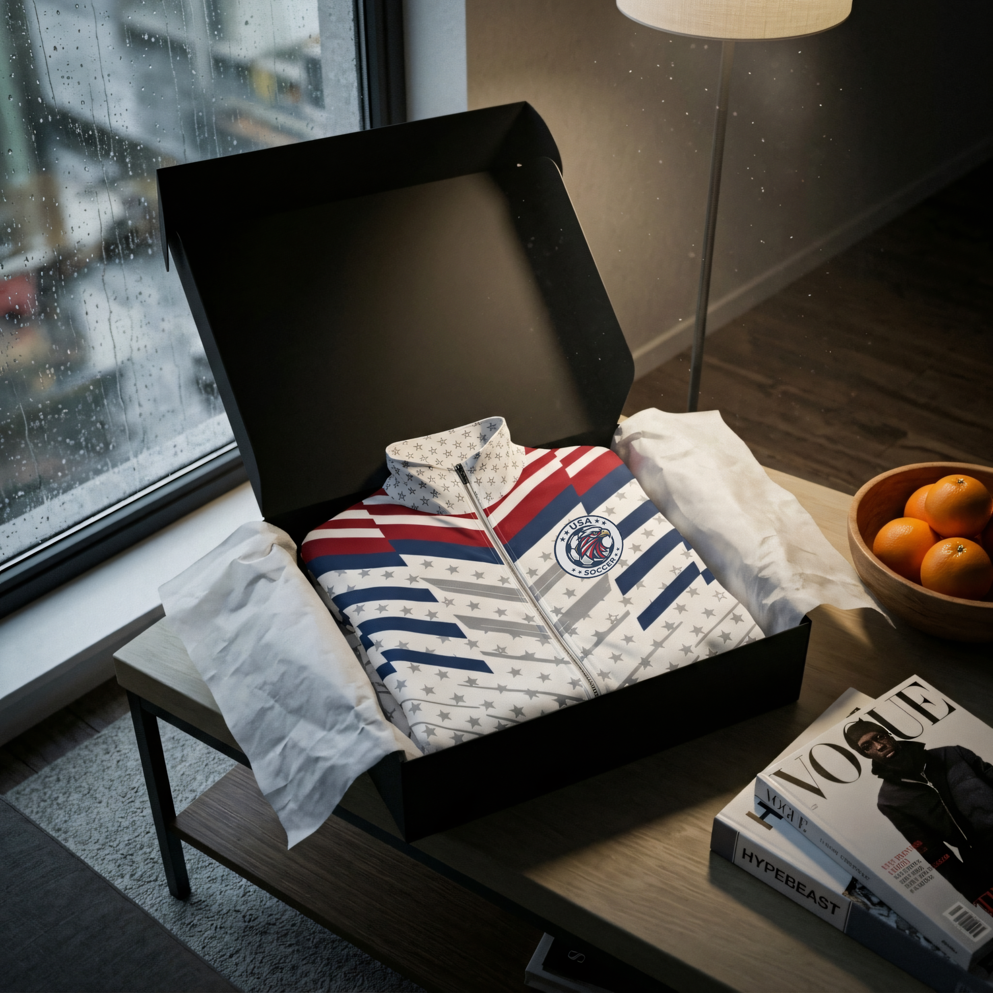 USA '26 Track Jacket flat-lay with SunBorn packaging — Eagle Protocol Tactical Shell unboxed by a rain-streaked window, host-nation drop ready