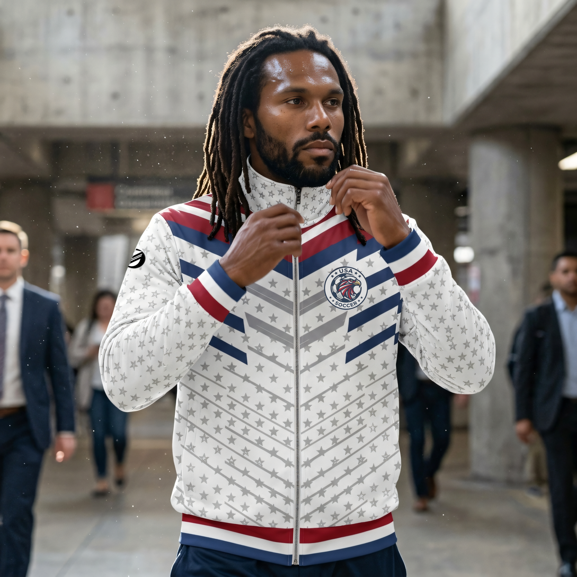 SunBorn USA '26 Track Jacket on model in urban setting — Eagle Protocol Tactical Shell styled for the walk from the bus to the stadium, host-nation warm-up energy
