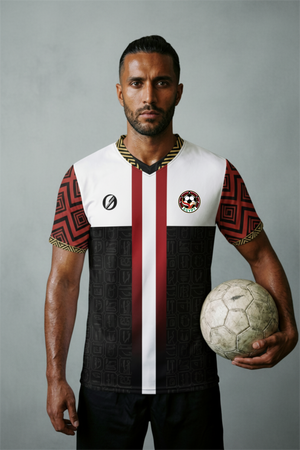 Egypt '26 Pharaoh Protocol Jersey — Pharaohs World Cup 2026 heritage kit, pharaonic red chassis with hieroglyphic geometry across the chest, by SunBorn