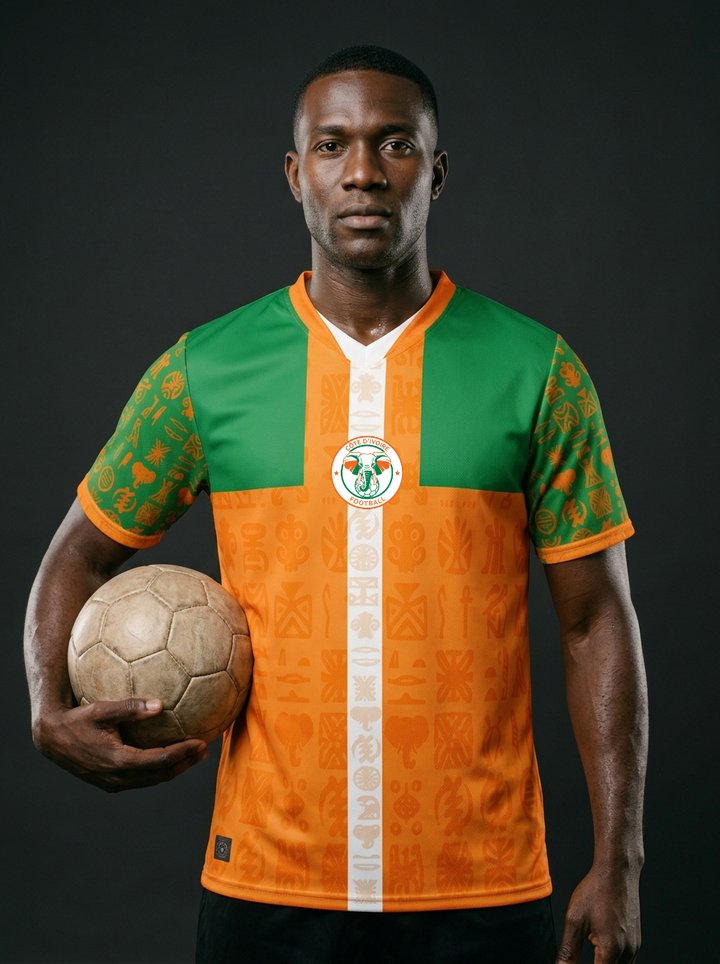 Côte d'Ivoire '26 Elephant Protocol Jersey — Les Éléphants World Cup 2026 heritage kit, Ivorian orange with tonal elephant tusk geometry, by SunBorn