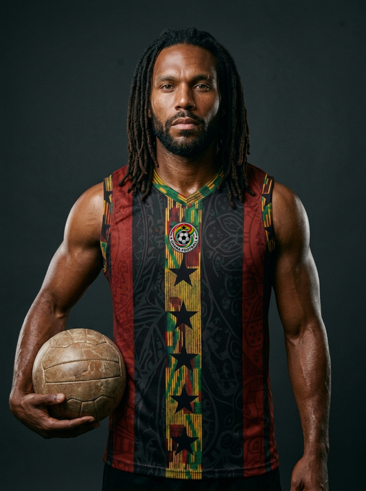 Man holding a vintage volleyball wearing a colorful sports jersey against a dark background