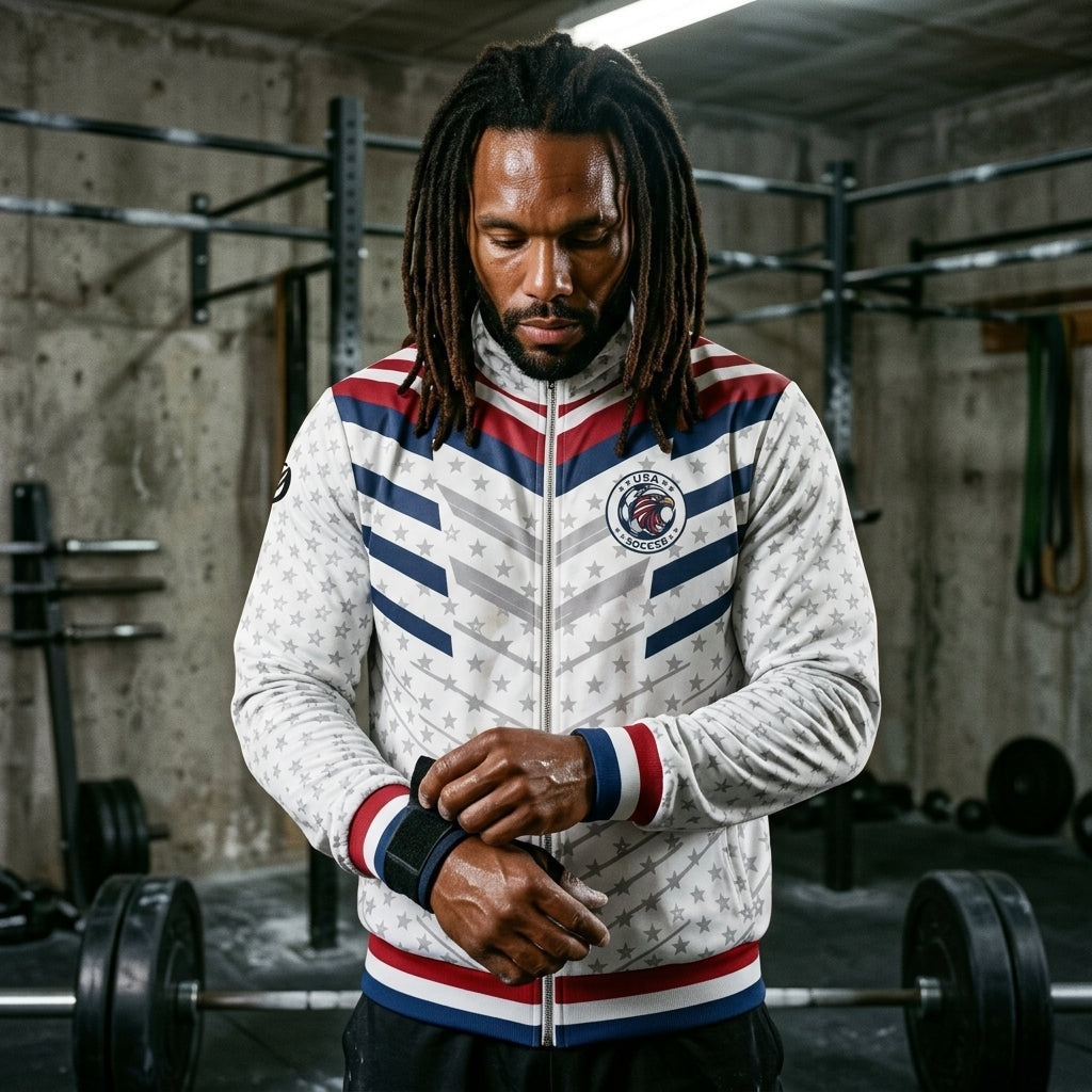 SunBorn USA '26 Track Jacket on model in training environment — Eagle Protocol Tactical Shell worn during the warm-up, kinetic chevron pattern visible in motion
