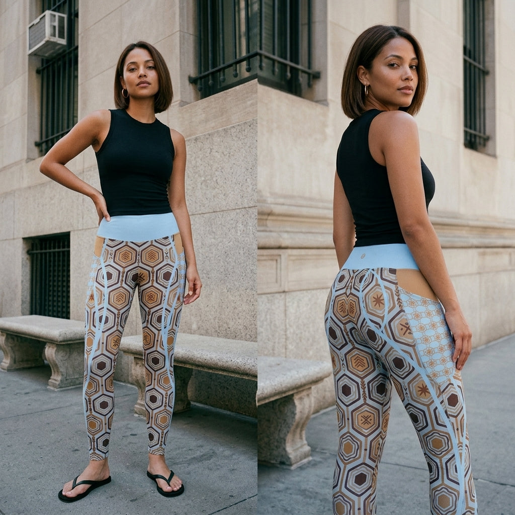 AnanseNova™ Pocket Leggings in Igwe Blue, front and back views on model in the street