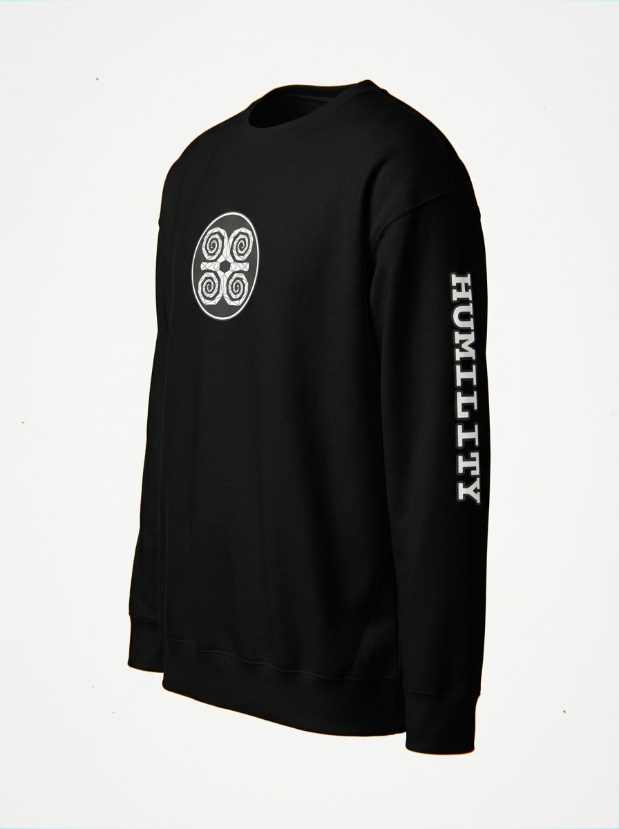 SunBorn Adinkra // Humility Sweatshirt in Oji Black, three-quarter left ghost mannequin view