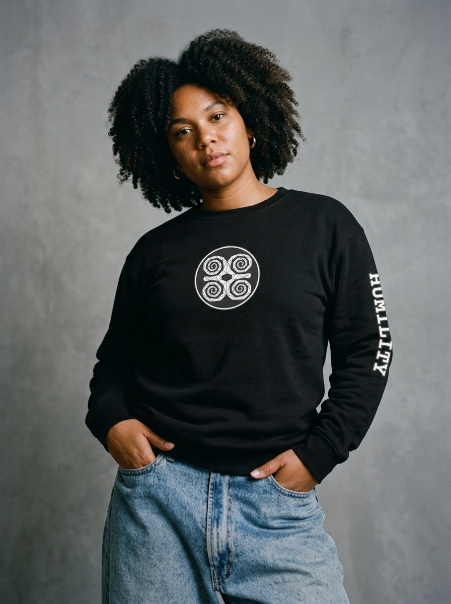 SunBorn Adinkra // Humility Sweatshirt in Oji Black, comp clone reference mockup