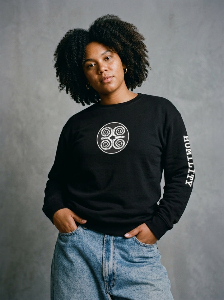 SunBorn Adinkra // Humility Sweatshirt in Oji Black, comp clone reference mockup