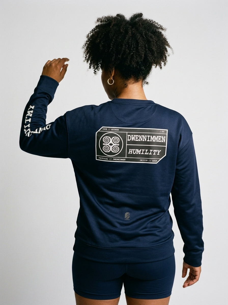 SunBorn Adinkra // Humility Sweatshirt in Anụnụ Blue, back view showing the full spec-card panel