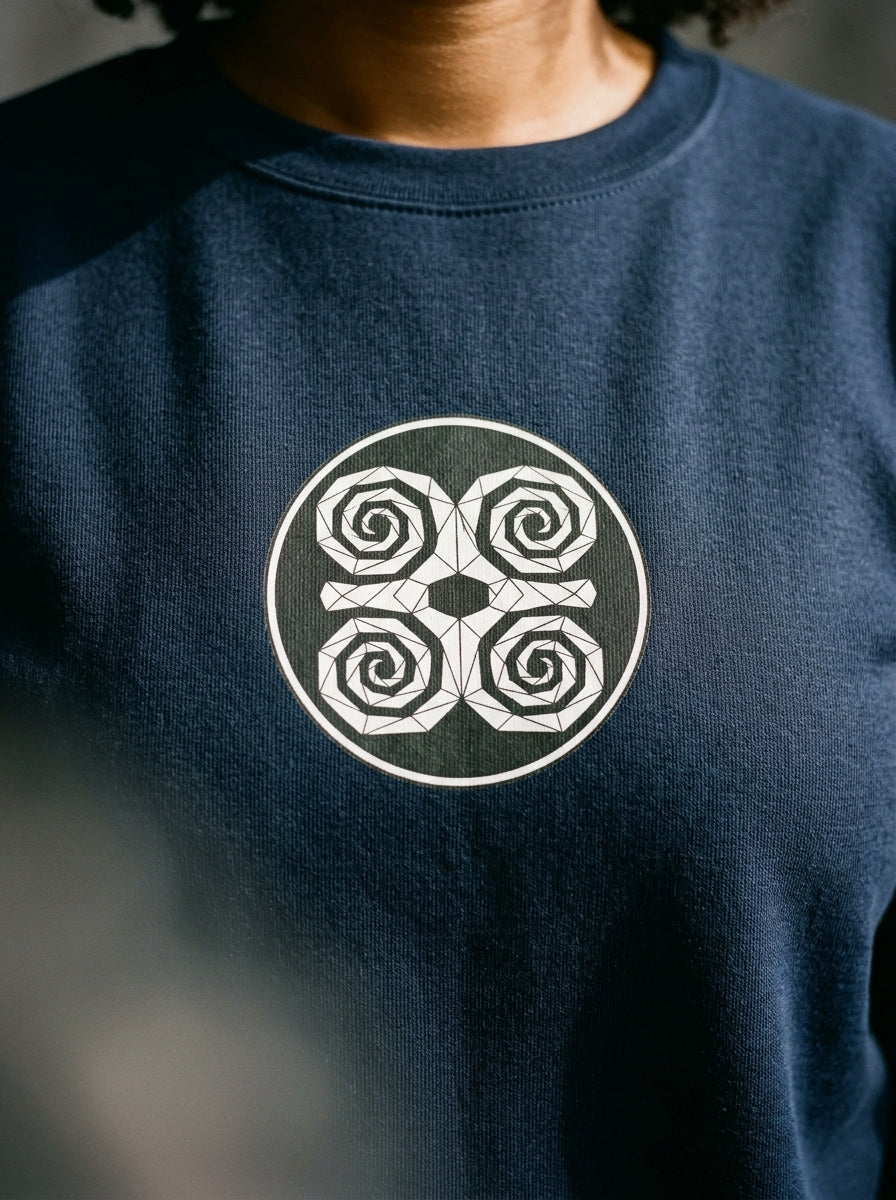 SunBorn Adinkra // Humility Sweatshirt in Anụnụ Blue, macro detail of the print