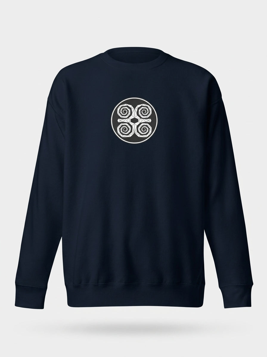 SunBorn Adinkra // Humility Sweatshirt in Anụnụ Blue, ghost mannequin front view