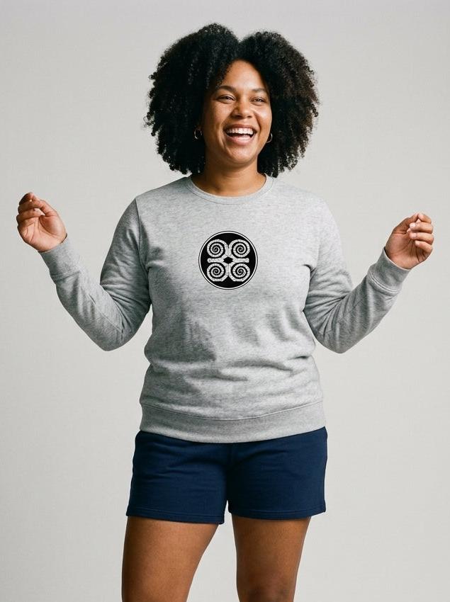 SunBorn Adinkra // Humility Sweatshirt in Ntụ Gray, front hero view showing the center-chest Dwennimmen badge
