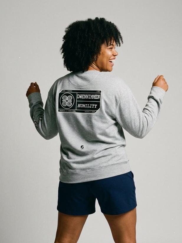 SunBorn Adinkra // Humility Sweatshirt in Ntụ Gray, back view showing the full spec-card panel