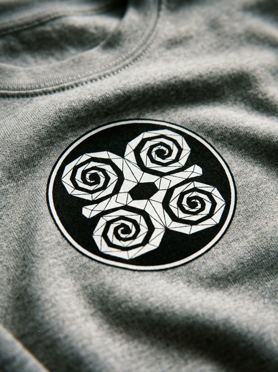 SunBorn Adinkra // Humility Sweatshirt in Ntụ Gray, macro detail of the print