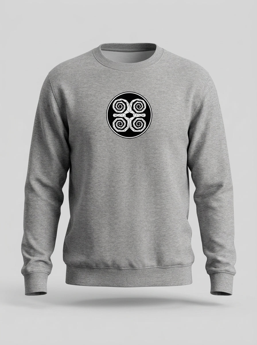 SunBorn Adinkra // Humility Sweatshirt in Ntụ Gray, ghost mannequin front view