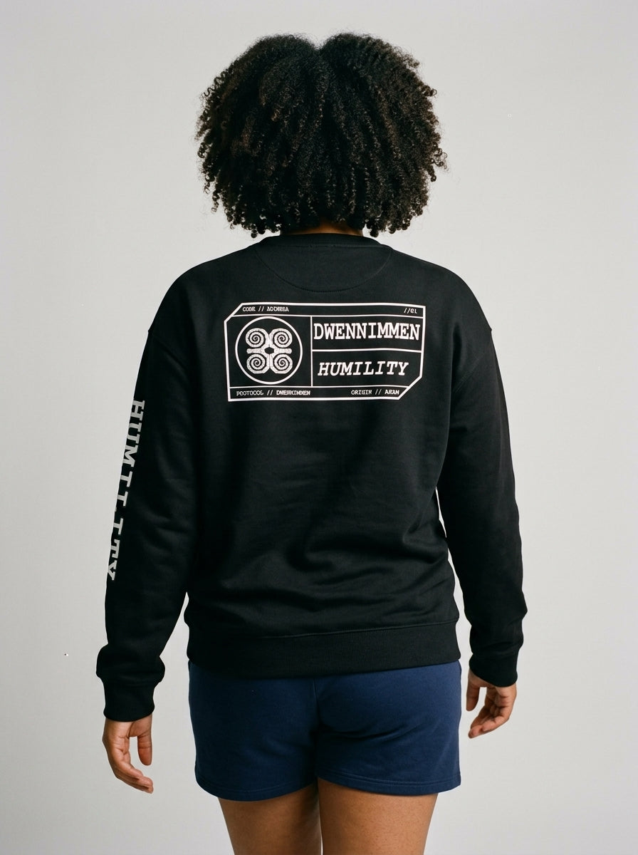 SunBorn Adinkra // Humility Sweatshirt in Oji Black, back view showing the full spec-card panel