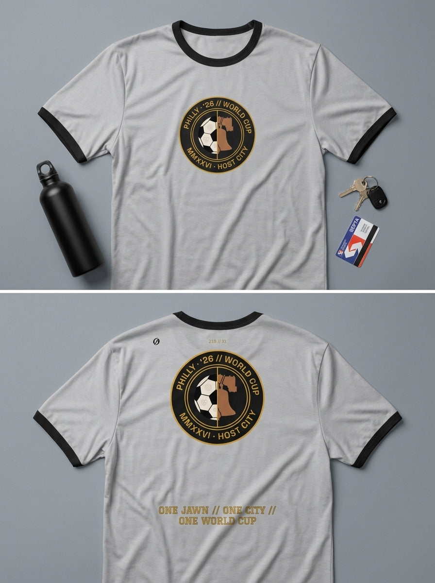 Liberty Protocol // Philly '26 Tee — match day flat lay, paired with Philly local match-day essentials, World Cup 2026 Host City | SunBorn