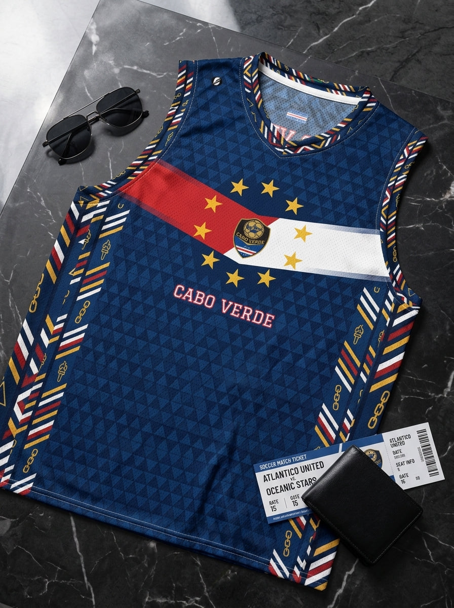 Cabo Verde '26 Blue Shark Protocol AeroTank — flat lay detail, SunBorn