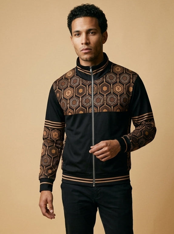 AnanseNova™ Statement Track Jacket in Oji Black — front view on model, hexagon web-cell yoke, stand collar and triple-stripe trim on a full-zip track jacket