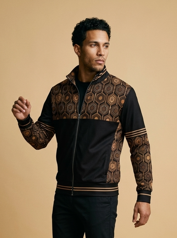 AnanseNova™ Statement Track Jacket in Oji Black — three-quarter right view on model, full-zip track jacket with hexagon yoke and forearm panels