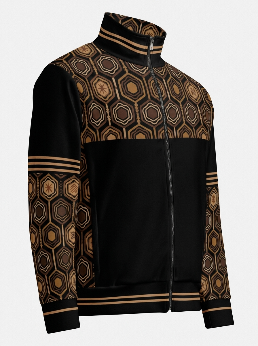AnanseNova™ Statement Track Jacket in Oji Black — ghost mannequin view of the full-zip track jacket, hexagon yoke and forearms with solid body