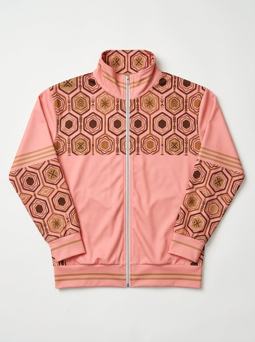 AnanseNova™ Statement Track Jacket in Eze Pink — clean flat lay of the full-zip track jacket with hexagon yoke and forearm panels