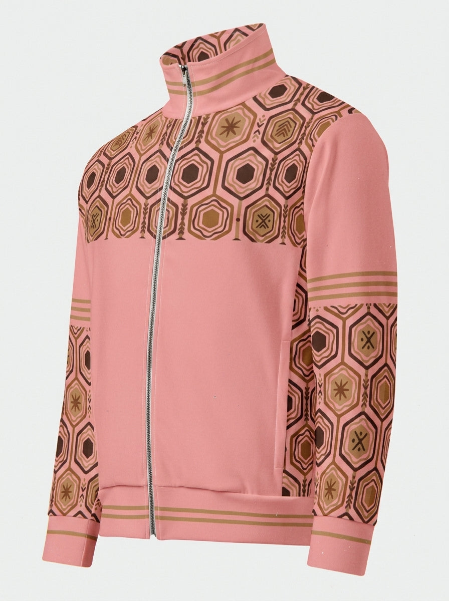 AnanseNova™ Statement Track Jacket in Eze Pink — ghost mannequin view of the full-zip track jacket, hexagon yoke and forearms with solid body