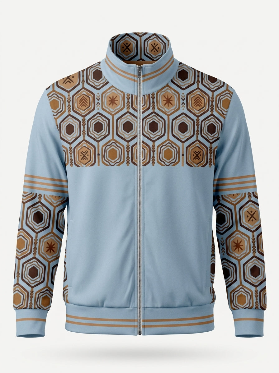 AnanseNova™ Statement Track Jacket in Igwe Blue — ghost mannequin view of the full-zip track jacket, hexagon yoke and forearms with solid body