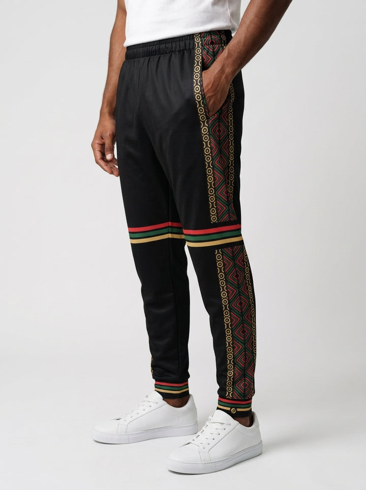 N'Donso™ Men's Joggers in Uhie Red, front side view — red Hunter's Road print down the outer leg with a three-stripe band, over solid black joggers with a drawstring waistband and cuffed legs.